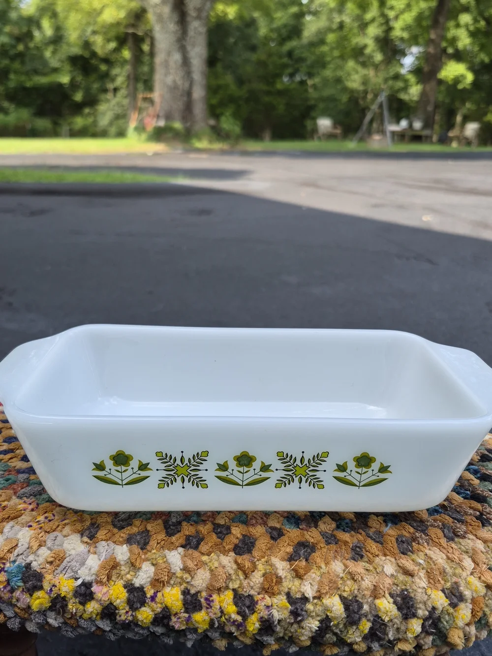 White Floral Milk Glass Baking Dish - Green Flower Pattern